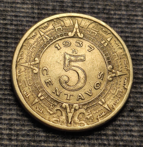 Moneda  5 Centavos 1937 Calendario Azteca Brillo Original
