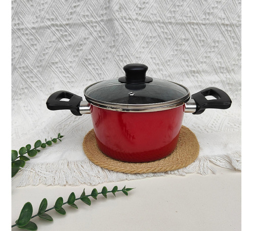 Panela Esmaltada, Panela Com Tampa De Vidro, 19cm Vermelho