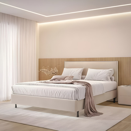 Cama One Queen Cabeceira Moderna Robusta Veludo Pé Eucalipto Cor Bege Liso