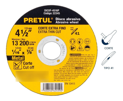 Disco Tipo 41 Para Corte Fino De Metal 4-1/2 , 1.6 Mm 22345