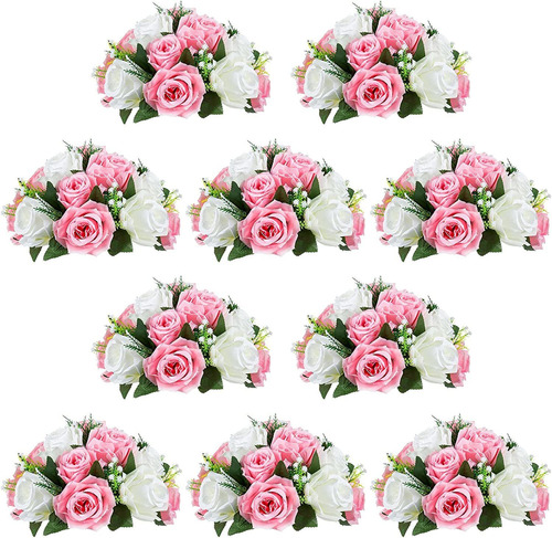 Flores Artificiales De Rosas, Rosas Y Blancas Pack 10u