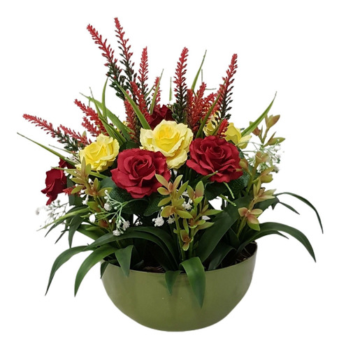 Imagem 1 de 2 de Arranjo De Flores Artificias C/ Rosas E Vaso Alumínio Verde