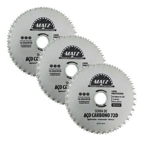 Kit 3 Disco Serra Aço P/ Madeira 72 Dentes 110mm X 20mm Matz