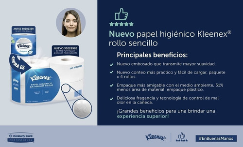 Imagen 3 de 5 de Papel Higiénico Kleenex ® 540 Doble Hoja / 50 Mts 4 Rollitos
