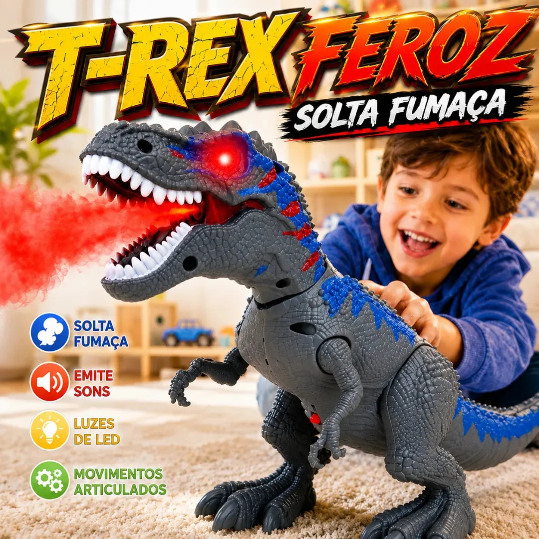 Dinossauro T-Rex Robo Brinquedo Anda Solta Fumaça Sons Luzes Led Rugido Movimentos Articulados Infantil Tiranossauro Interativo Educativo Presente Criança Menino Divertido Azul Flo