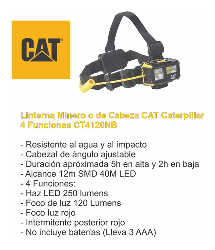 Imagen 2 de 7 de Linterna Minero O Cabeza Cat Caterpilar 4 Funciones Ct4120nb