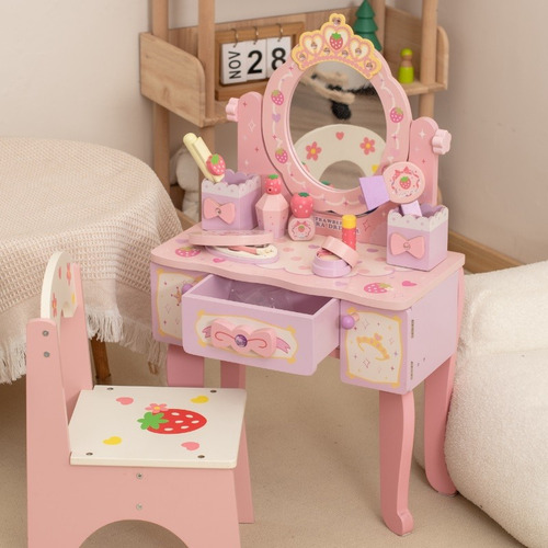 Tocador Princesa Frutilla Con Silla Y Set De Belleza