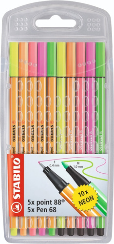 Caneta Stabilo Point 88 + Pen 68  5 Cores Neon