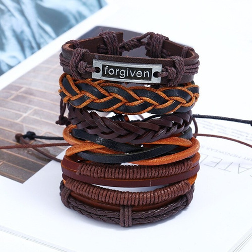 Conjunto Pulsera Brazalete Hombre Moda Cuero Forgiven 6 En 1