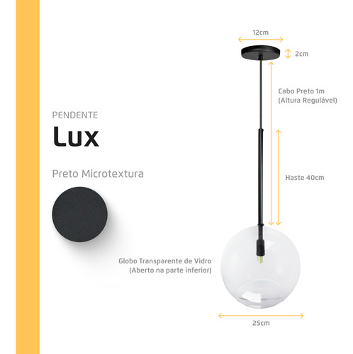 Kit 4 Pendente Lux Preto Globo Vidro Cristal 25cm + Led