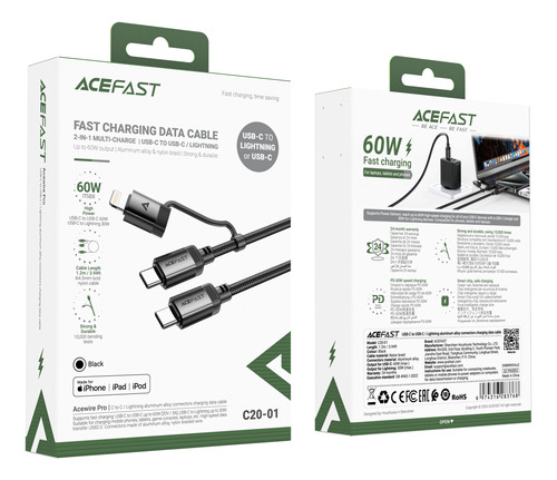 Cable Acefast C20-01 Usb-c/lightning 60w Mfi Tejido