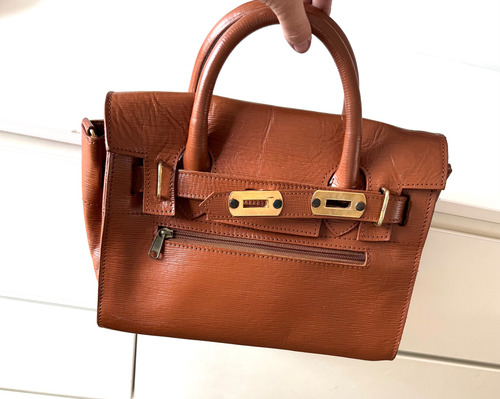 Bolso Satchel Cártera Doctor Bag Cuero Estilo Birkin Hermè Marrón Oscuro Lisa Oro Marrón (Usado)