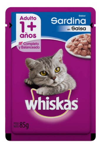 Alimento Whiskas Adultos Whiskas Gatos  para gato adulto todos los tamaños sabor sardina en salsa en sobre de 85 g