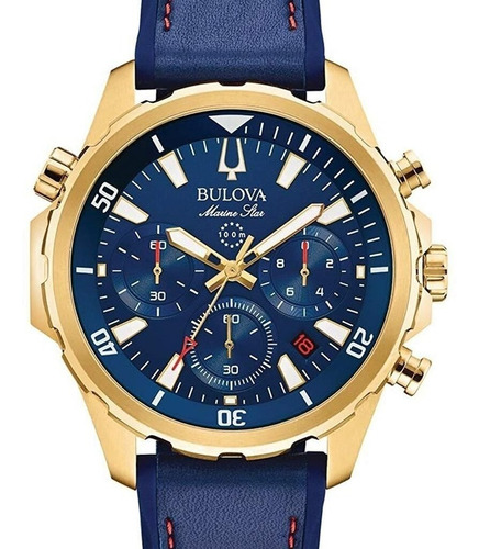 Relógio Masculino Pulseira De Couro Bulova Original 97b168 Cor Da Correia Azul Cor Do Bisel Dourado Cor Do Fundo Azul