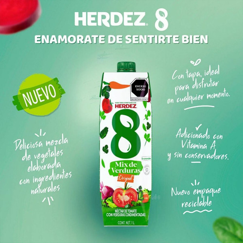 Néctar De Verduras Sabor Original 1l 8 Mix Herdez