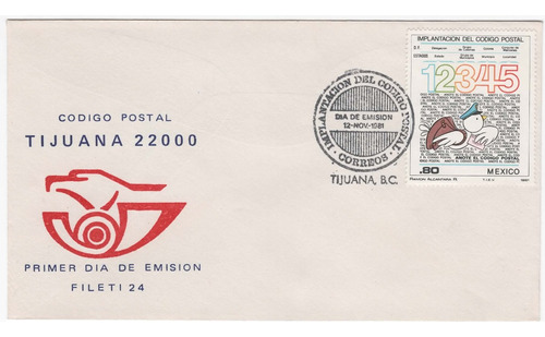 Código Postal 1981 Sobre  Primer Día  Cancelación Tijuana Bc
