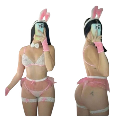 Lencería Conjunto Conejo Conejita Rosa Chicle Lisa Unitalla