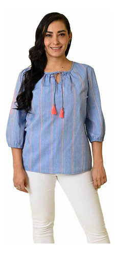 Blusa Para Dama Marca Ferrioni Manga 3/4 Color Azul