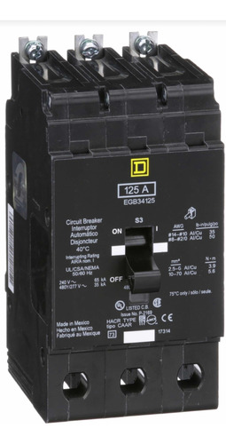 Interruptor Square D, Egb34125, E-frame, 125a, 3 Pole, 480y/