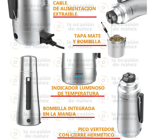 Imagen 3 de 7 de Termo Peabody Acero Inoxidable Mate Y Bombilla 1 L Electrico