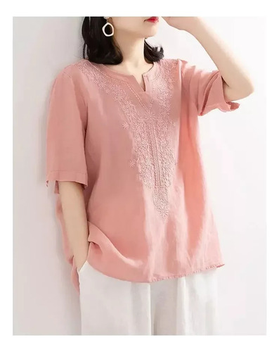 Blusa Bordada De Algodón Y Lino Con Cuello En V Para Mujer
