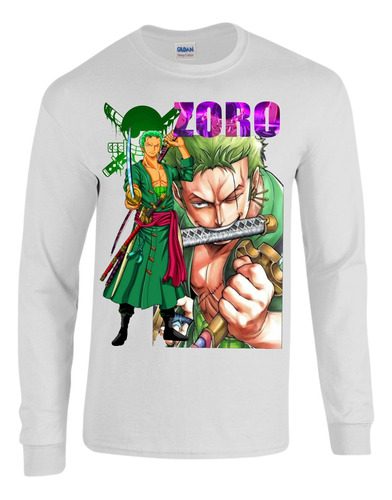 Camiseta Manga Larga One Piece Zoro Anime Serie White Md004