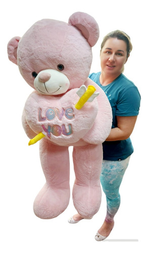 Urso Rosa Gigante Grande De Pelúcia 1,2 Mt 120cm Com Coração