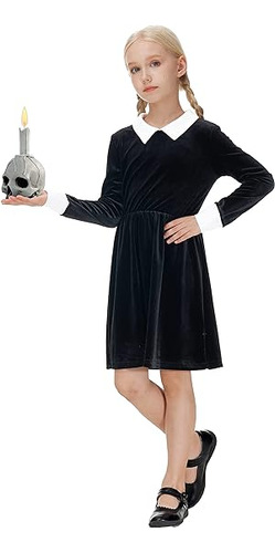 Disfraz Halloween Para Niñas Vestido Terciopelo Negro Manga