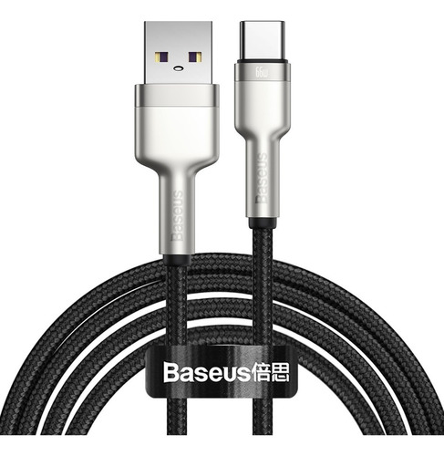 Cable USB P/Tipo-C Turbo Baseus Metal de 6 W, 6 A, nailon, 2 m, color negro