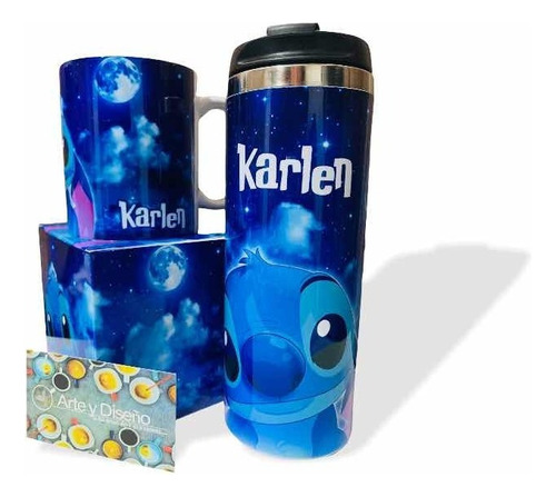 Taza + Termo Stitch Azul Personalizado