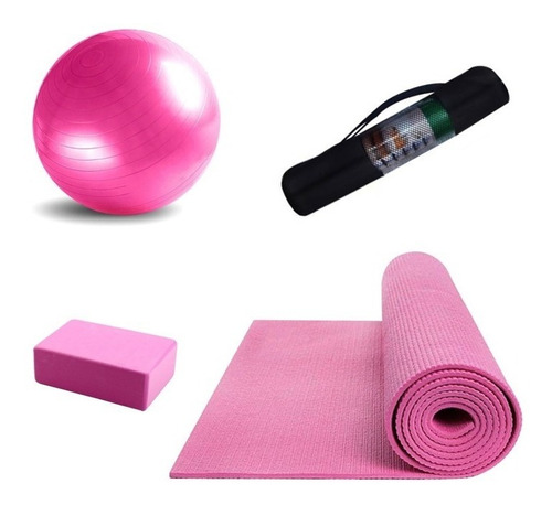 Set De Yoga Rosa Mat 3 Mm + Pelota + Bolso + Brick -gymtonic