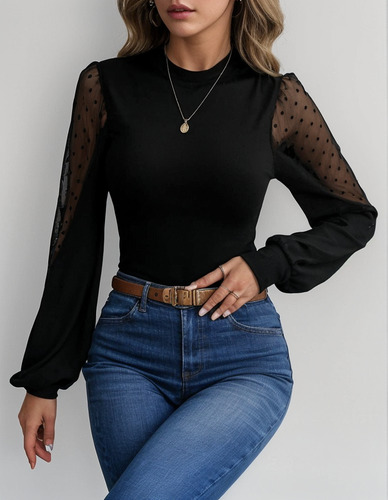 Body Cuello Alto Elegante Hermoso Con Transparencias De Tull Negro 3