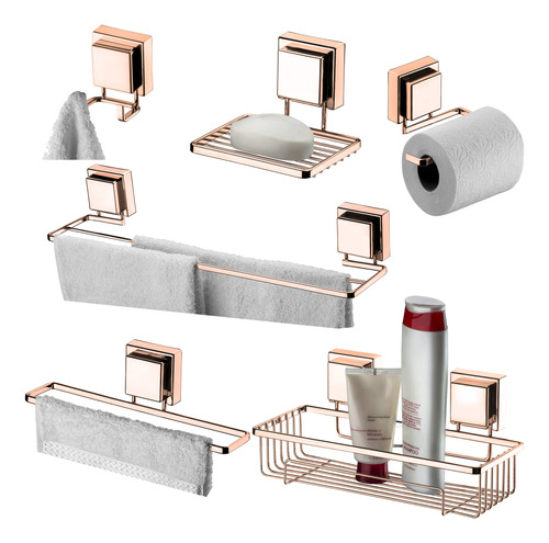 Kit Banheiro Completo Ventosa Rose Gold Shampoo Toalha 