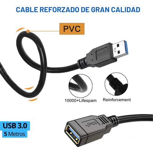 Cable Alargue 5mt Usb 3.0 Extensor Prolongador Macho-hembra Negro