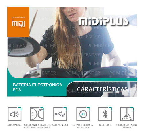 Imagen 5 de 9 de Batería Electrónica Midiplus Ed8 5 Cuerpos 3 Platillos Promo