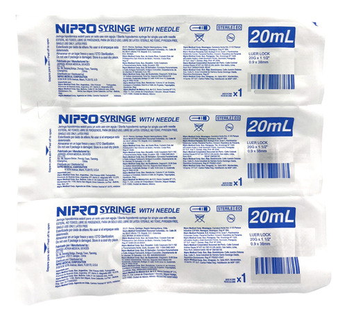 Jeringa HiPodérmica 20 Ml Con Aguja20x38 Nipro Caja C/50