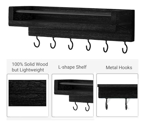 Soporte Para Llaves De Madera Negra Con 6 Ganchos, 24 X 9 X