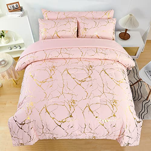 Juego De Cama Queen Estampado De Mármol Rosa - 6 Pieza...