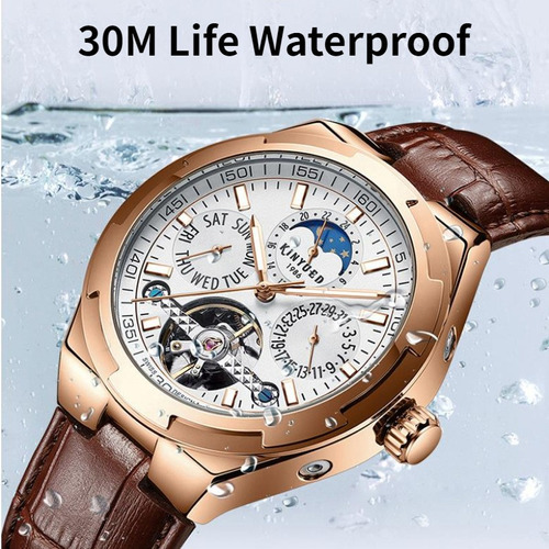 Reloj Automático Con Cronógrafo Luminoso Kinyued Para Hombre Color De La Correa Marrón