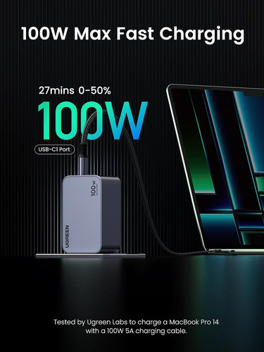 Ugreen Cargador 100w 2usb-c 1usb Gan +cable C Para Mac 25873