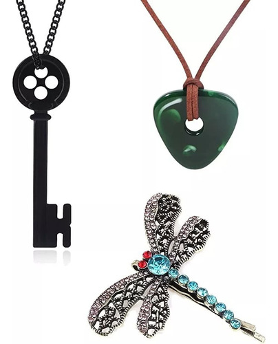 3pz Coraline Collar Piedra Verde+llave Botón+broche Libélula