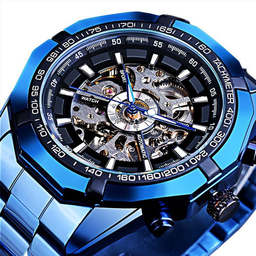 A Esqueleto Mecánico Hueco Automático Reloj 3bar Azul