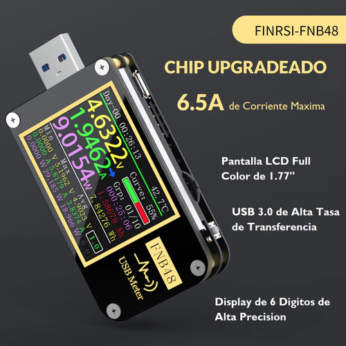Imagen 6 de 10 de Tester Usb Fnirsi-fnb48 Voltimetro Amperimetro Usb Bluetooth