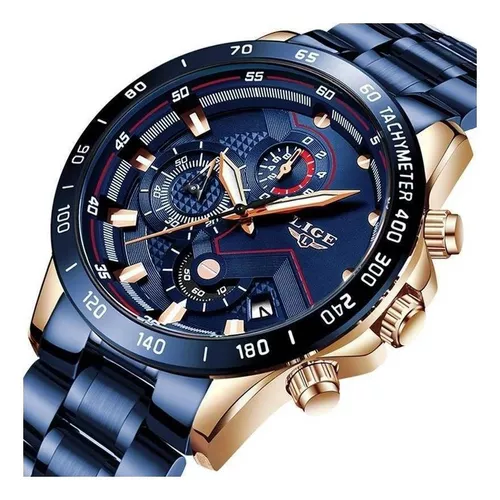 Reloj pulsera Lige 9982 de cuerpo color oro rosa, analógico, para hombre,  fondo azul, con correa de acero inoxidable color azul, agujas color blanco  y oro rosa y negro, dial oro rosa