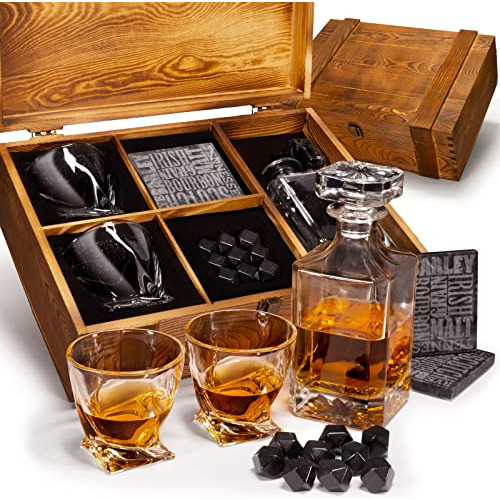 Set De Decantador De Whisky En Caja De Madera