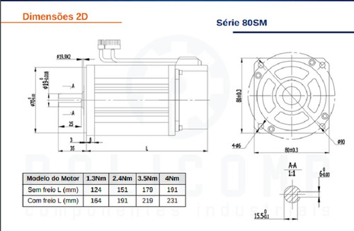 Kit Servo Motor, Com Freio 1kw, 3.5nm, Flange 80mm