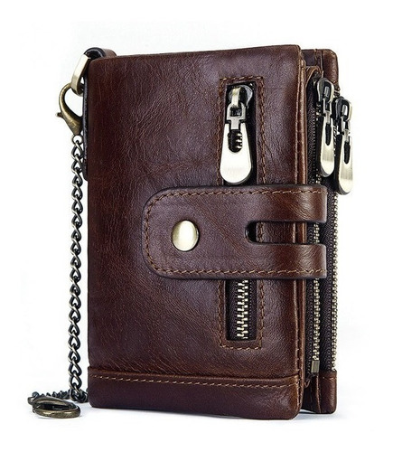 Cartera Para Hombre De Cuero Genuino Con Cadena Antirrobo