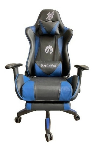 Silla Gamer Azul Haunter Reclinable Con Reposa Pies En Cuero