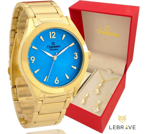 Relógio Champion Feminino Dourado Azul Kit Ouro 18k Original