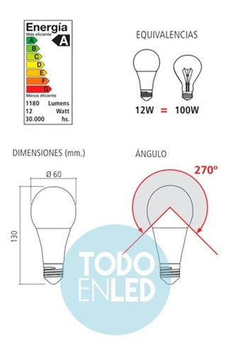 Imagen 3 de 7 de Lampara Bulbo Led A60 12 Watt 12 Volt Ac/dc Luz Fría